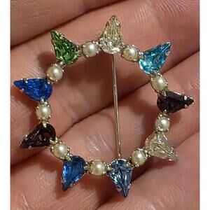 Vintage B. David Multicolor Crystal and Pearl Circle Brooch Pin